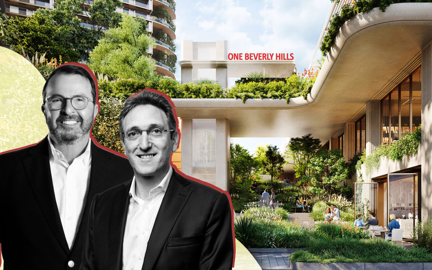 Alagem Capital Group's Benny Alagem and Cain International's Jonathan Goldstein with renders of One Beverly Hills at 9850, 9876, 9900, and 9988 Wilshire Boulevard (Alagem Capital Group, Cain International, Foster + Partners, Kerry Hill Architects)
