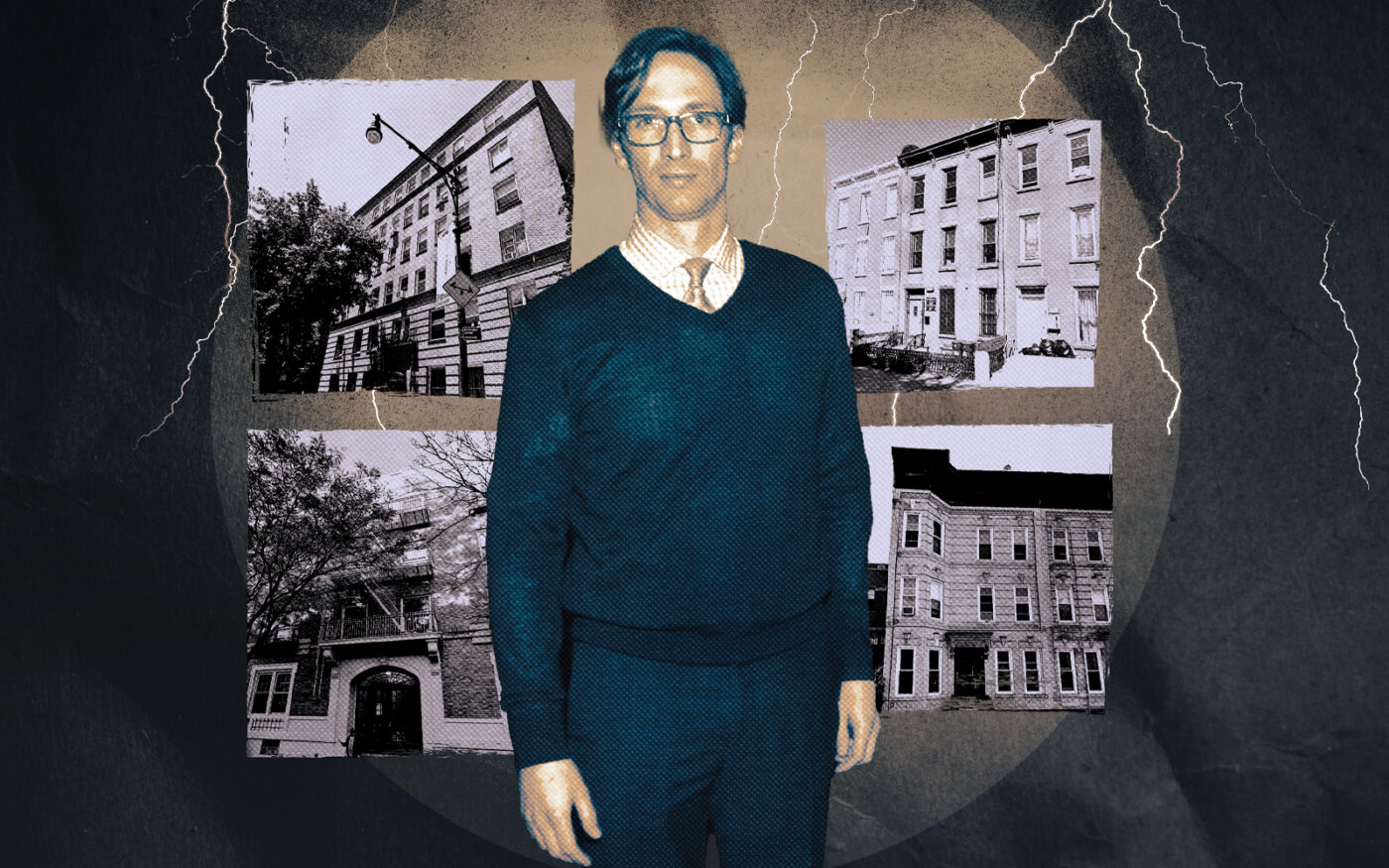 Greenbrook founder Gregory Fournier with (clockwise from top left) 70 Prospect Park West, 1113 Herkimer Street, 168 Sumpter Street and 509 12th Street in Brooklyn (Photo illustration by Kevin Rebong/The Real Deal; Google Maps, Getty Images)
