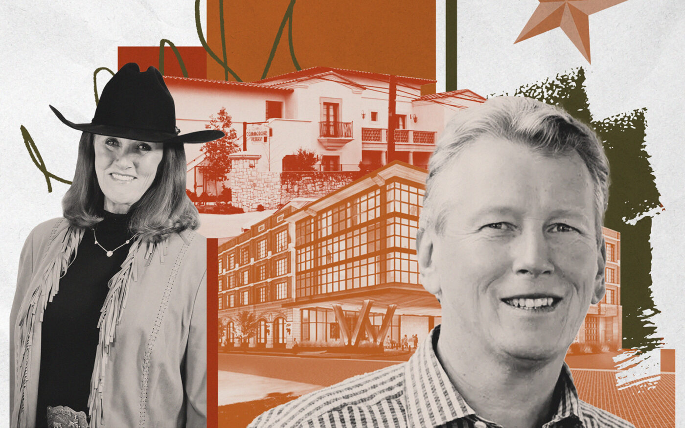 Jo Ellard (left) and Auberge Resorts & Collections’ Craig Reid (right) with Commodore Perry and Bowie House (Photo-illustration by Ilya Hourie/The Real Deal; Auberge Resorts & Collections, EE Ranches, Google Maps, Getty Images)