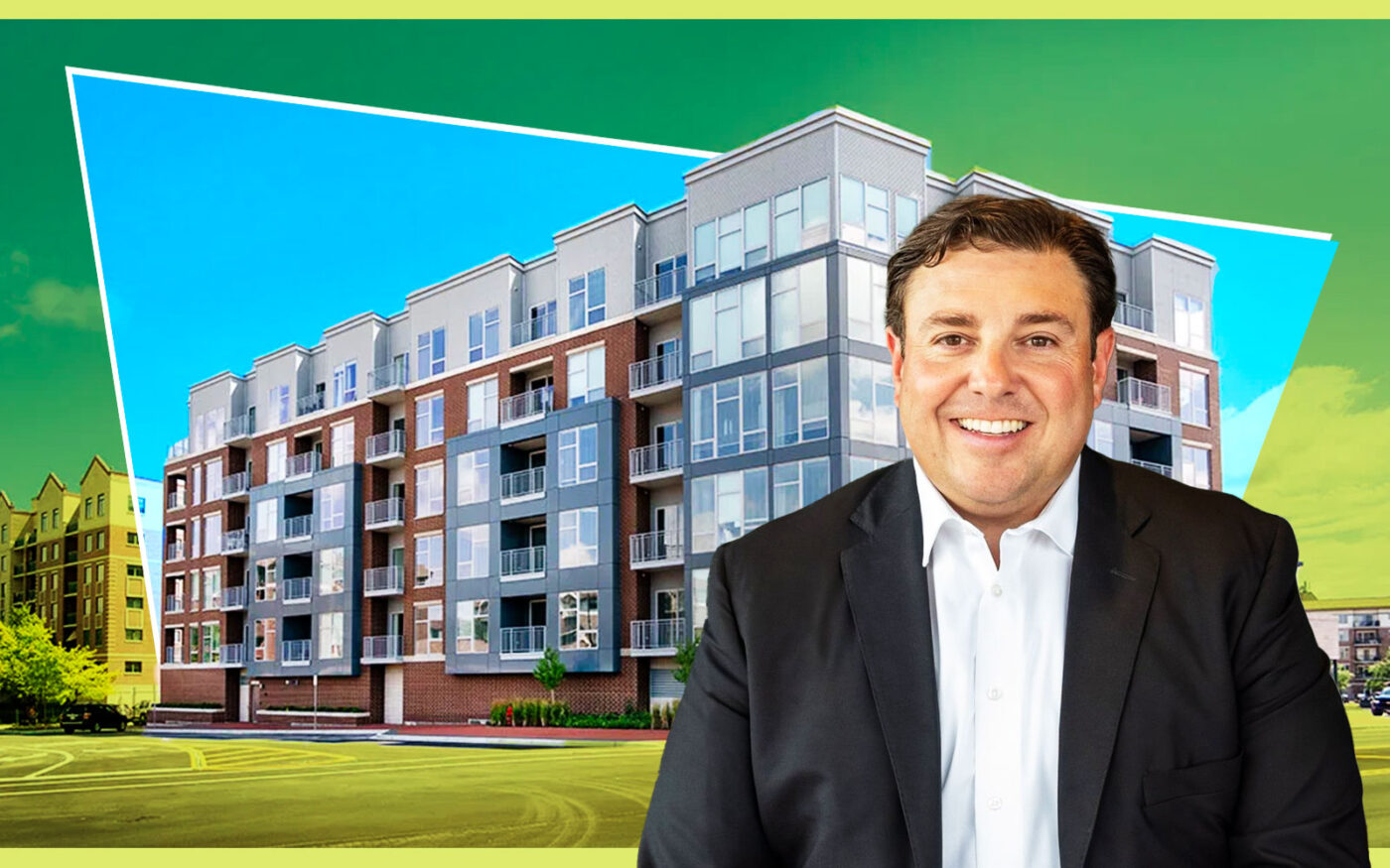 Wingspan’s Nick Papanicholas Jr. with 20West apartment building (Live At 20West, Wingspan Development Group)