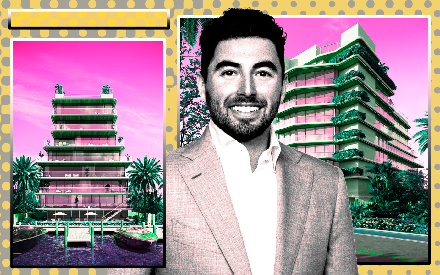 Michael Troyanovsky along with renderings of Regency Development Group's third Bay Harbor Islands condo project, the La Maré Bay Collection (Getty, Regency Development Group, LinkedIn)