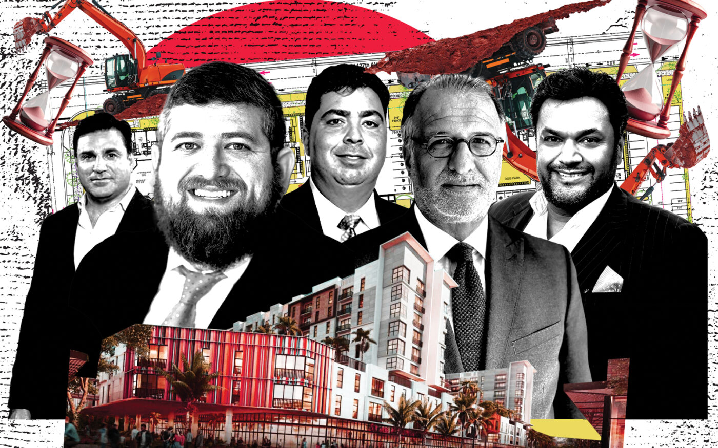 Left, from left: Royal Palm Companies' Dan Kodsi, Forman Capital's Ben Jacobson, Shadi Shomar, Immocorp Capital’s Gilbert Benhamou and Associated Builders and Contractors’ Florida East Coast Chapter's Sonny Maken along with a rendering of the Northwood Square project in West Palm Beach (front) and a rendering of a planned Onyx Housing Group apartment project near Naranja (Photo-illustration by Steven Dilakian/The Real Deal; Getty Images, Royal Palm Companies, Immocorp Capital, Onyx Housing Group, Behar Font & Partners, Kobi Karp)