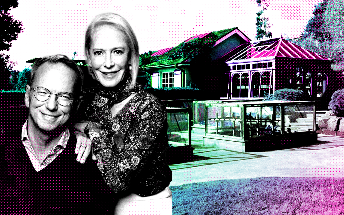 <p>A photo illustration of Eric and Wendy Schmidt along with 366 Walsh Road in Atherton (Getty, Compass, Schmidt Futures)</p>
