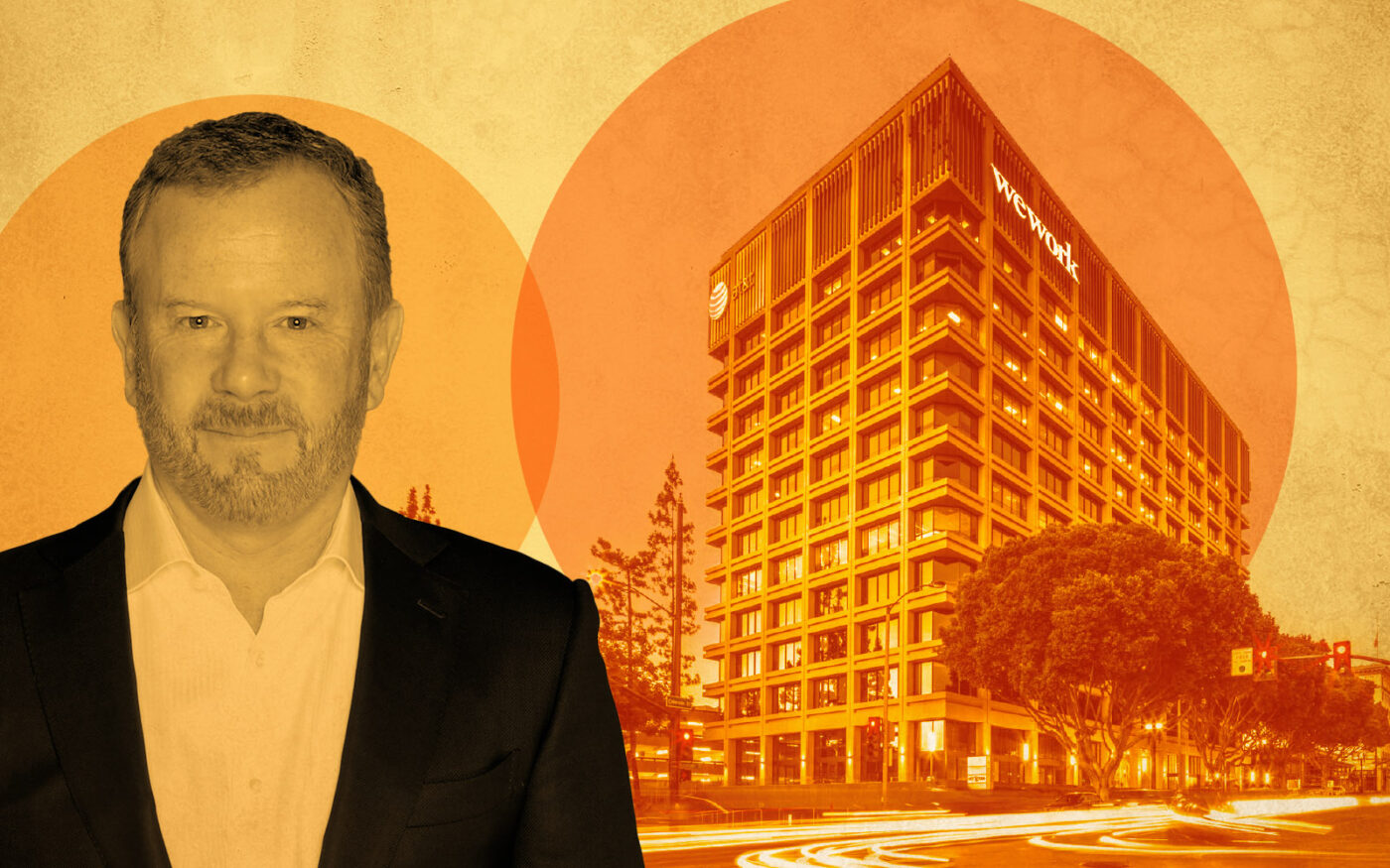 WeWork's David Tolley and 177 East Colorado Boulevard (CBRE, WeWork, Getty)