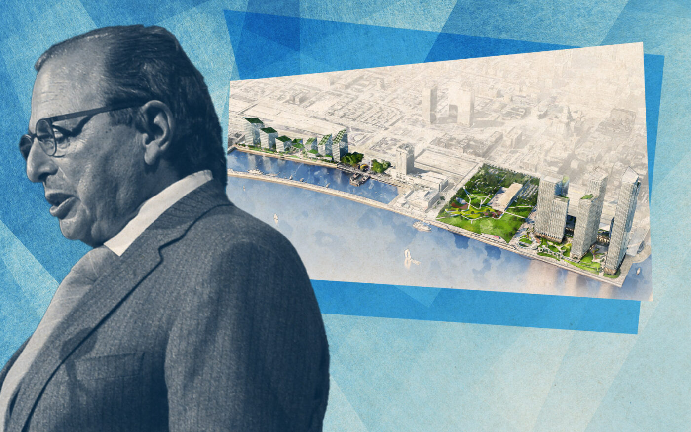 Durst Organization's Douglas Durst; rendering of $2.2B Penn’s Landing Project (Getty, delawareriverwaterfront)