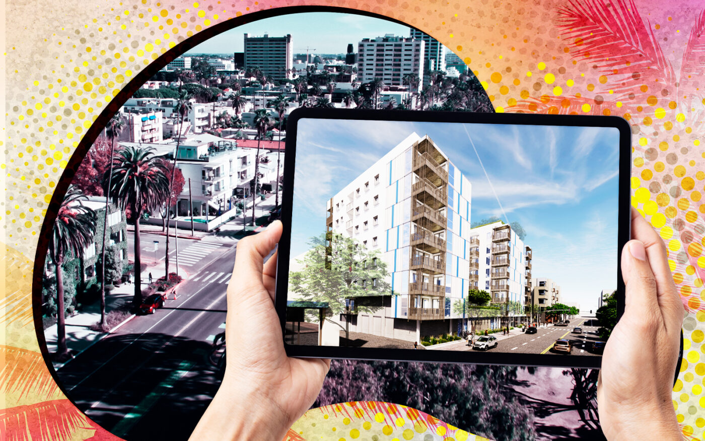 Santa Monica with renderings of the Grubb buildings (Photo-illustration by Priya Modi/The Real Deal; Tighe Architecture, Getty Images)