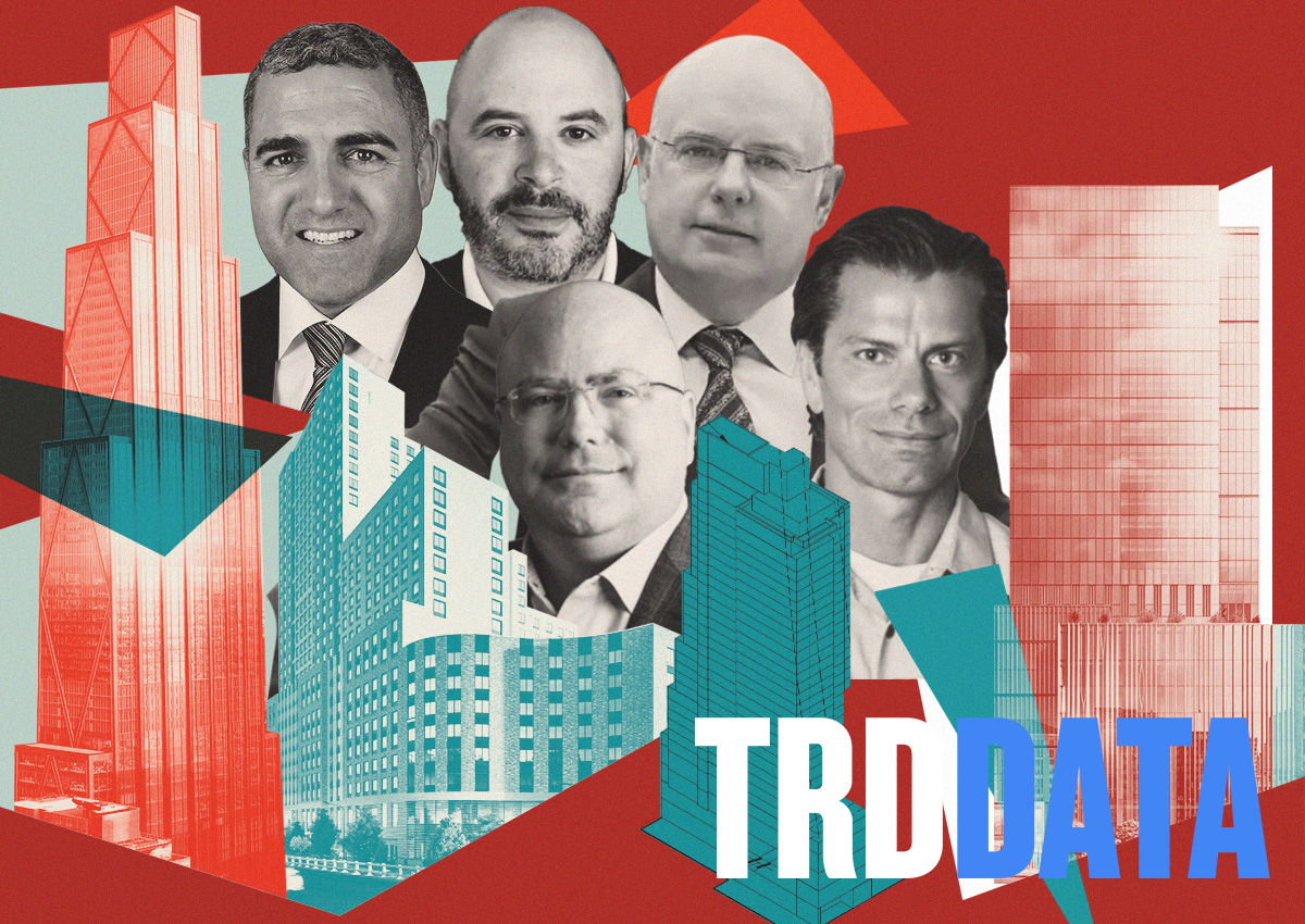 Top row, left to right: LBG’s Mario Carone, Joy Construction’s Eli Weiss, J.T. Magen’s Maurice Regan; Bottom row: AECOM Tishman’s Eric Reid and John Kovacs with renderings of 270 Park Avenue, 373 West 207th Street, 32 West 48th Street and 125 West 57th Street (Photo-illustration by Ilya Hourie/The Real Deal; LBG, LinkedIn, J.T. Magen, AECOM Tishman, Foster + Partners, Aufgang Architects, Neoscape)