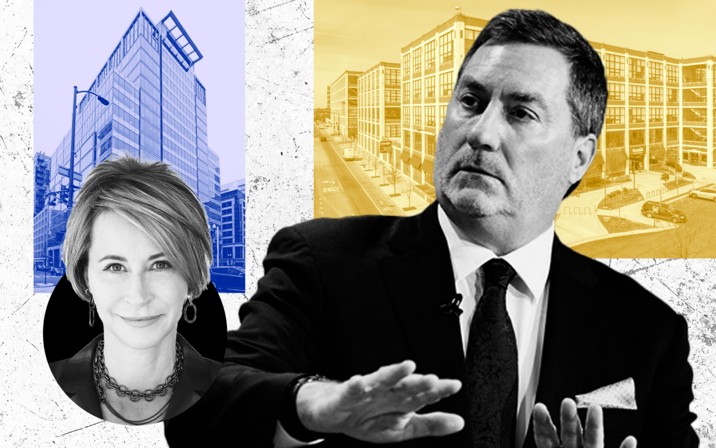From left: Cushman & Wakefield CEO Michelle MacKay and Avison Young's Mark E. Rose with 550 West Jackson Boulevard and 4000 West Diversey (Avison Young, Cushman & Wakefield, Stone Real Estate, LoopNet)