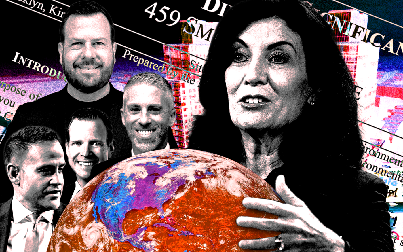 Top: Charney Companies' Sam Charney; From left: Ariel Property Advisors' Sean Kelly; Avison Young's James Nelson; Terra CRG's Dan Marks; Governor of New York Kathy Hochul; a rendering of 267 Bond Street and 498 Sackett Street (Getty, Ariel Property Advisors)