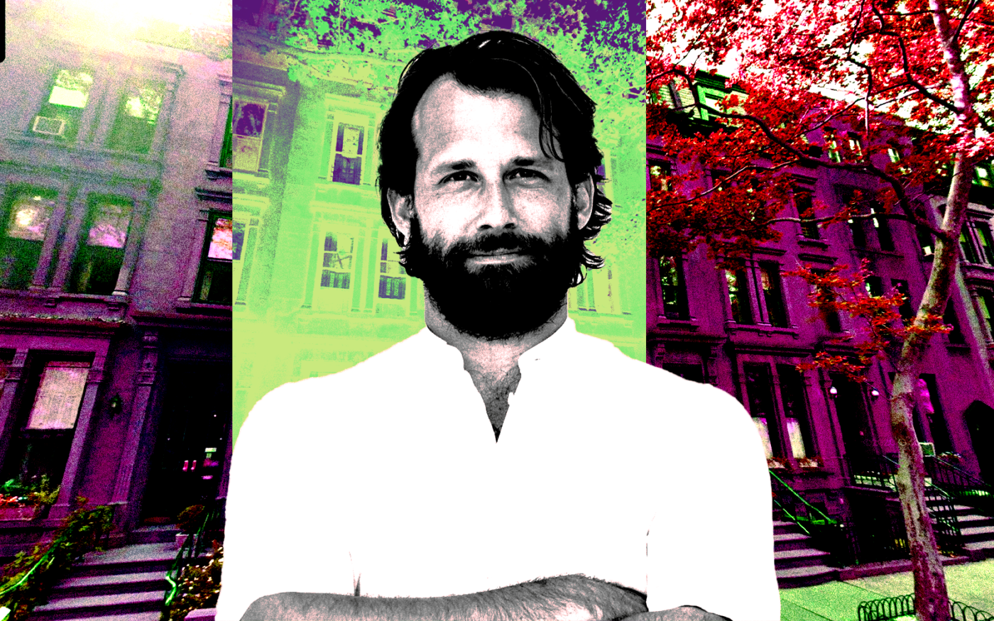 <p>A photo illustration of Mews&#8217; Richard Valtr along with 48 Garden Place in Brooklyn Heights (Getty, Mews, BLLA Events, Google Maps)</p>
