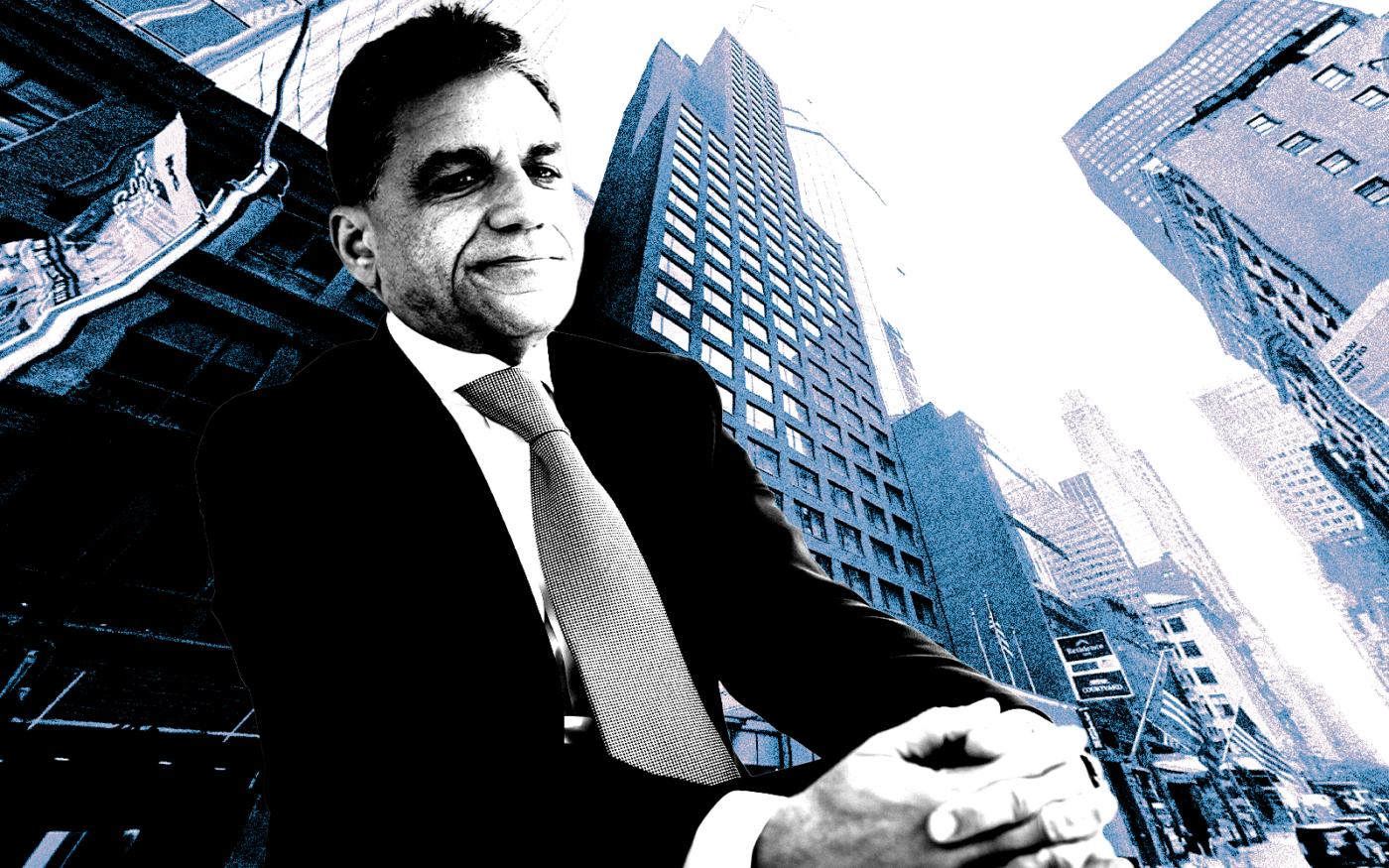 <p>A photo illustration of Joe Moinian along with the Hilton Garden Inn at 237 West 54th Street (Getty, Google Maps)</p>
