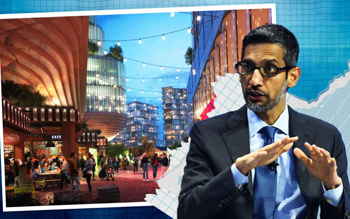 Google's Sundar Pichai with a rendering for Downtown West in San Jose (Google, Getty)