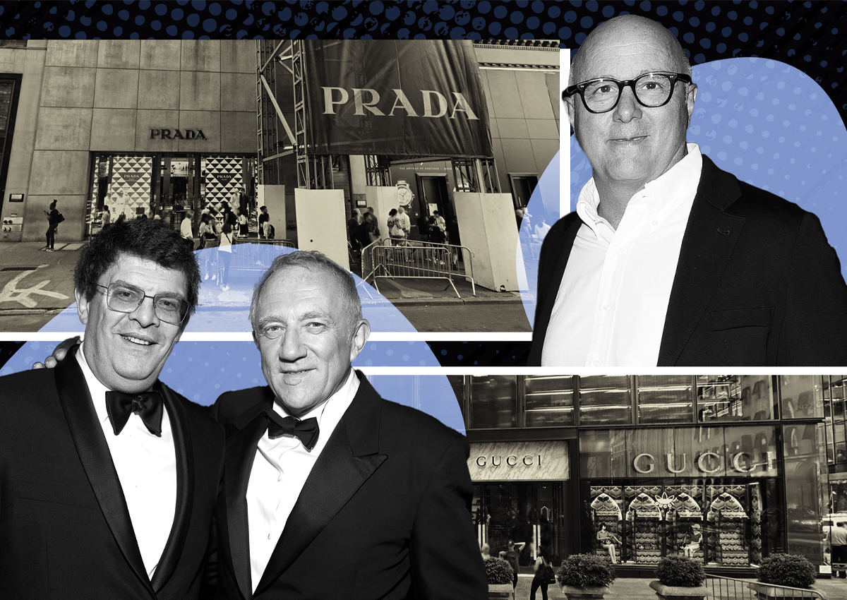 724 and 720 Fifth Avenue (top) with Prada's Andrea Guerra; Gucci's Jean-François Palus (bottom left) and Kering's François-Henri Pinault with 715-717 Fifth Avenue (Photo-illustration by Priya Modi; The Real Deal)