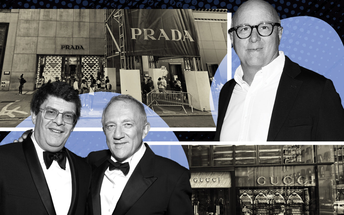 724 and 720 Fifth Avenue (top) with Prada's Andrea Guerra; Gucci's Jean-François Palus (bottom left) and Kering's François-Henri Pinault with 715-717 Fifth Avenue (Photo-illustration by Priya Modi; The Real Deal)