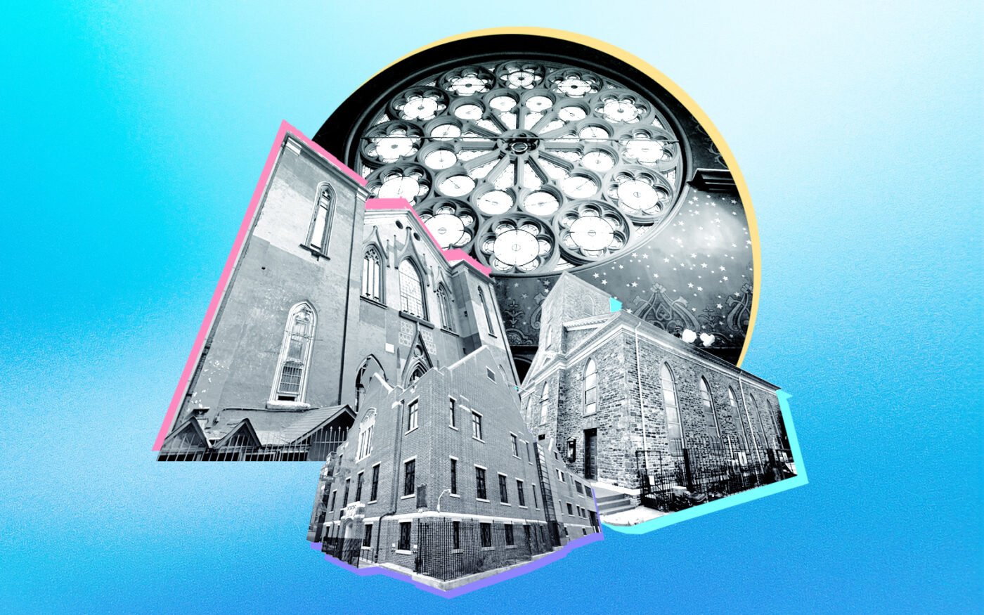 Clockwise from left: The Angel Orensanz Center, the interior of the Eldridge Street Synagogue, St. Augustine’s Chapel and the Fort Tryon Jewish Center (Photo-illustration by Kevin Rebong/The Real Deal; Google Maps, Getty Images)