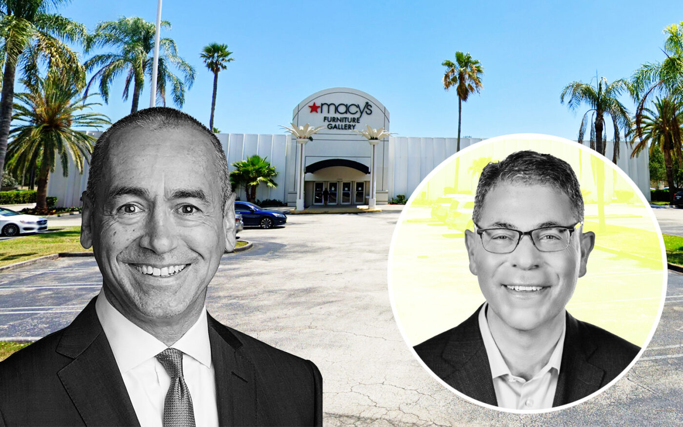 University of Miami President Joe Echevarria and Macy’s Tony Spring with The Macy’s building at 13251 South Dixie Highway in Pinecrest (Google Maps, University of Miami, Macy's)