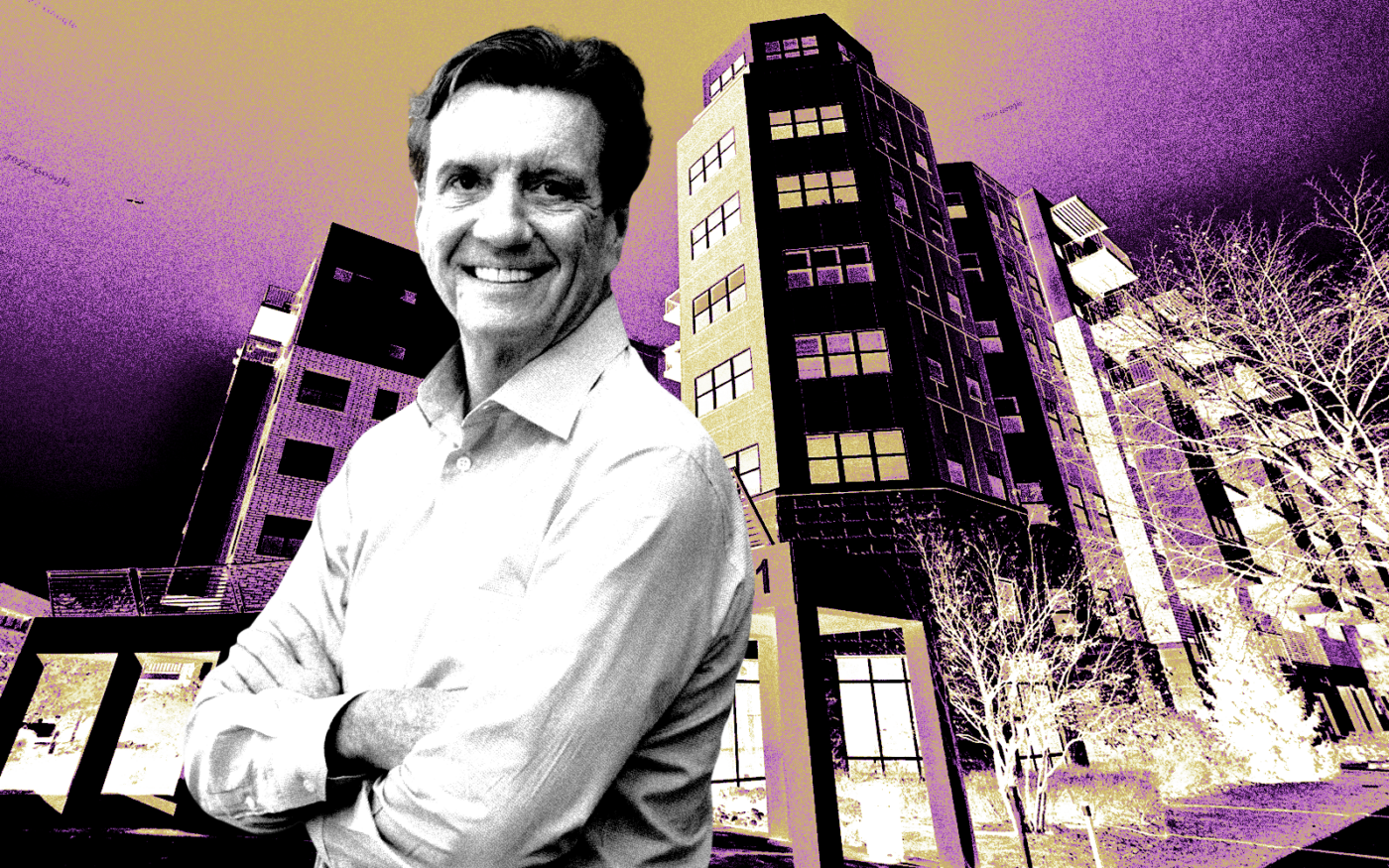 <p>A photo illustration of Connor Group managing partner Larry Connor and 121 North Cross Street (Getty, Connor Group, Google Maps)</p>
