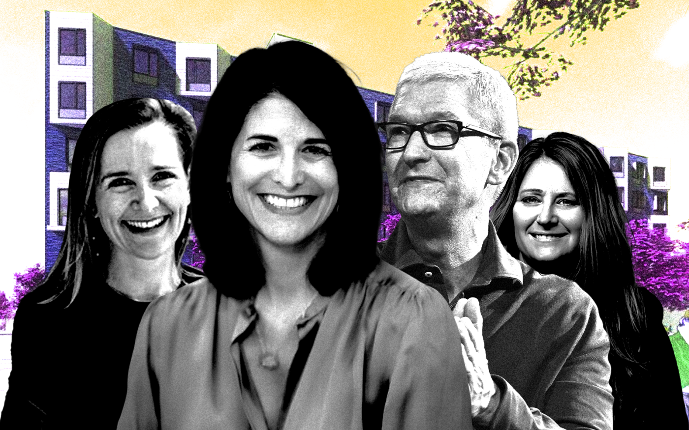 <p>From left: San Francisco Housing Accelerator Fund CEO Rebecca Foster, Sobrato Philanthropies&#8217; Lisa Sobrato Sonsini, Apple CEO Tim Cook and Destination:Home CEO Jennifer Loving along with a rendering of 1633 Valencia Street (Getty, San Francisco Housing Accelerator Fund, David Baker Architects, Sobrato Philanthropies, Destination:Home)</p>
