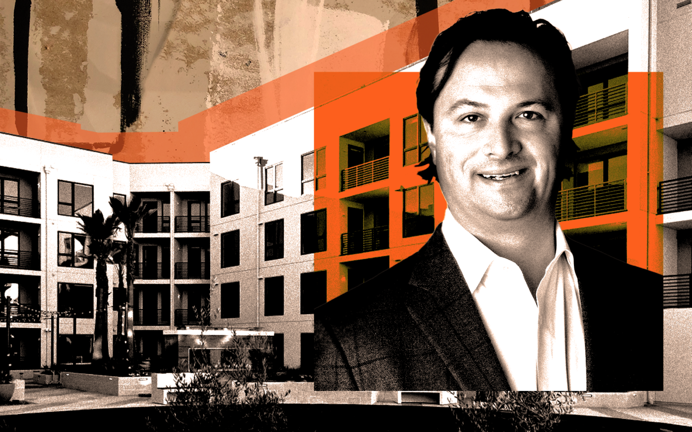 <p>A photo illustration of Jon Miller along with a rendering of Windy Hill Property Ventures’ Artisan Crossing apartment complex in Belmont (Getty, Windy Hill Property Ventures, Värde Partners)</p>
