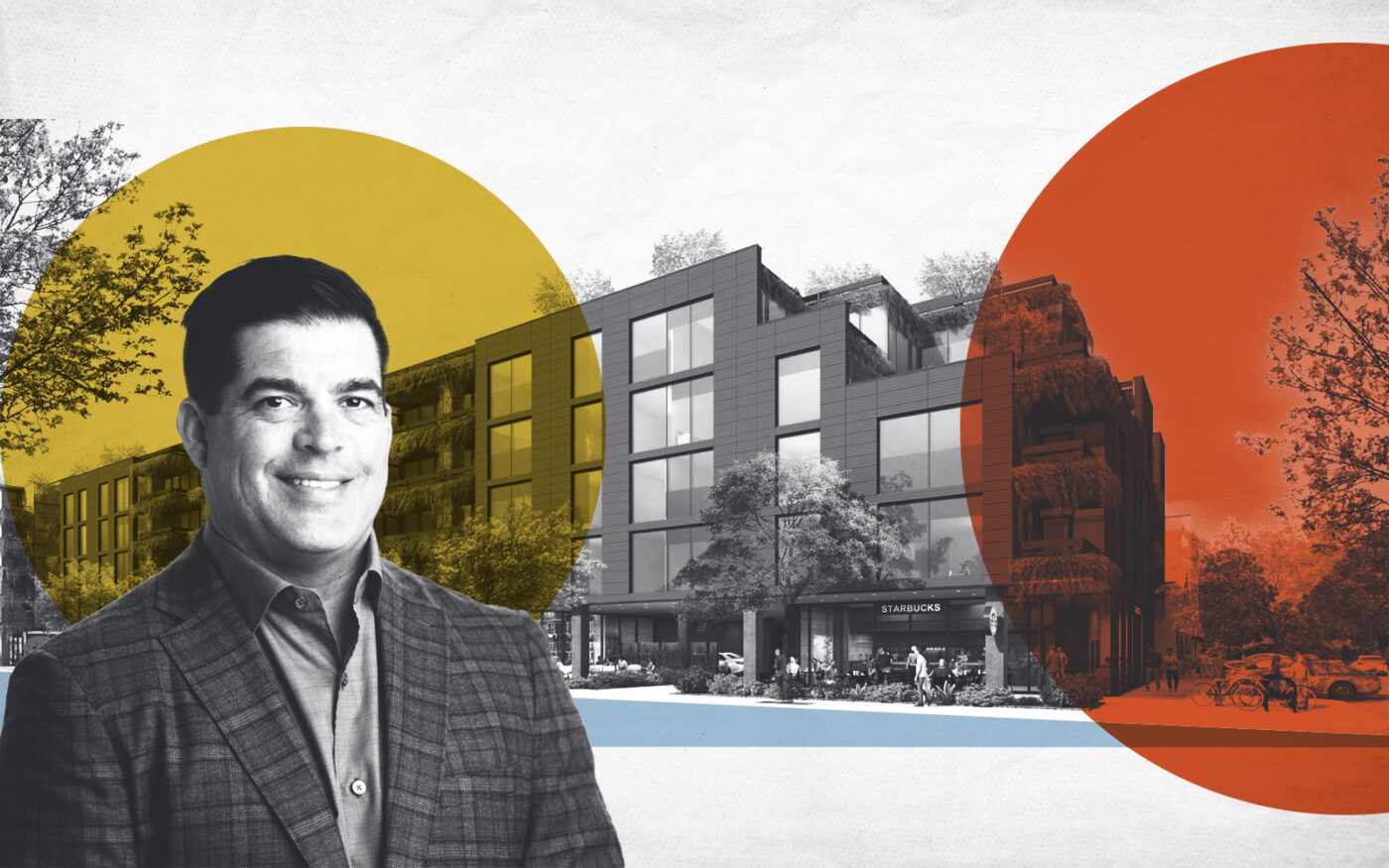 Optima's Optima’s David Hovey Jr.; rendering of Wilmette apartment development (Getty, Optima)