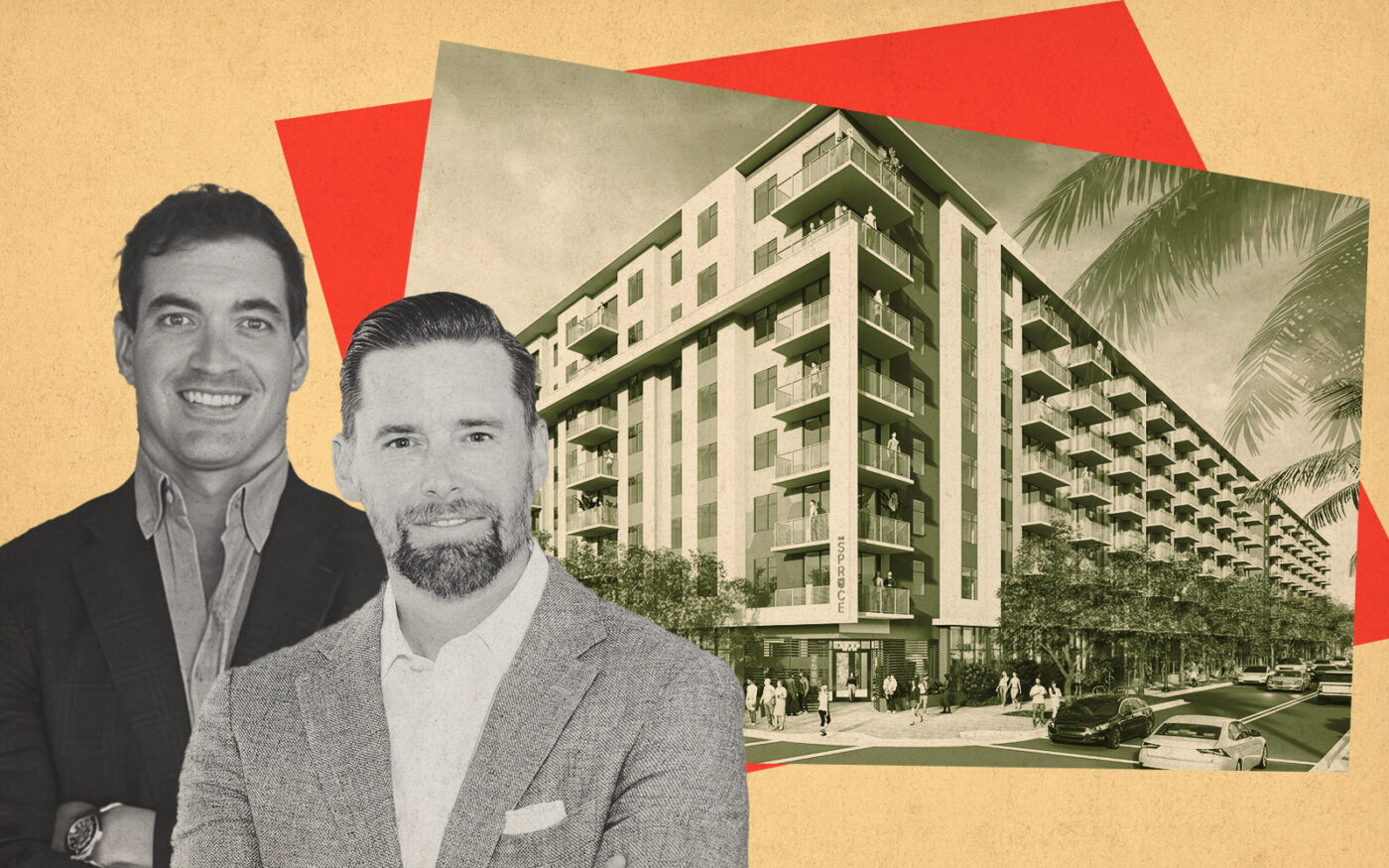 Affiliated Development's Nick Rojo and Jeff Burns; rendering of vWest Palm multifamily project called The Spruce (Getty, affiliateddevelopment)