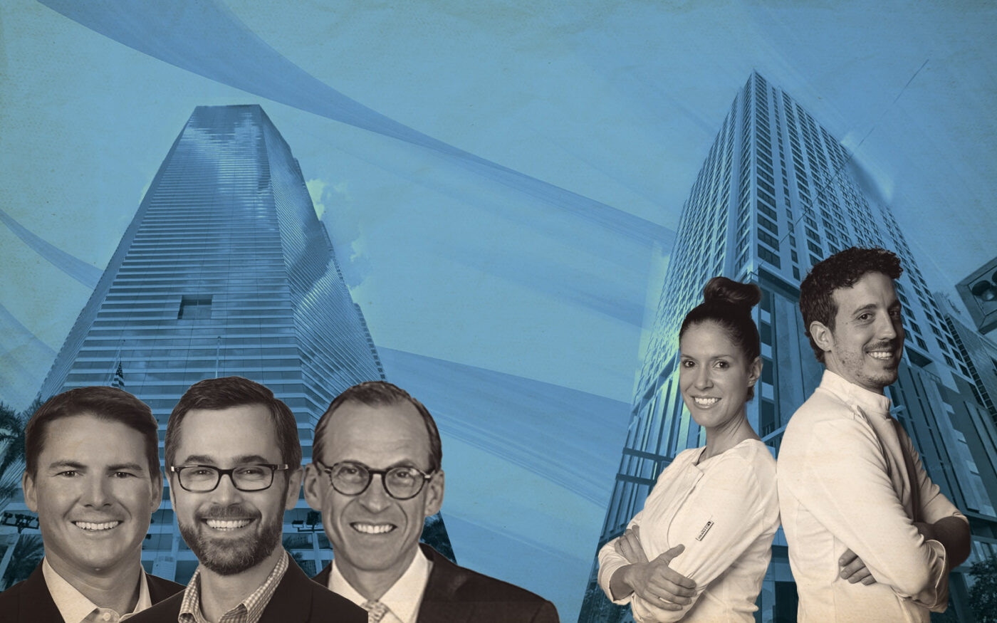 (left) CP Group's Angelo Bianco and Chris Eachus, DRA Advisors' David Luski; Miami Tower at 100 SE 2 Street; (right) Chefs Carolina Sanchez and Iñaki Murua, 1306 North Miami Avenue (Momento By Ikaro, Getty, CP Group, DRA Advisors)