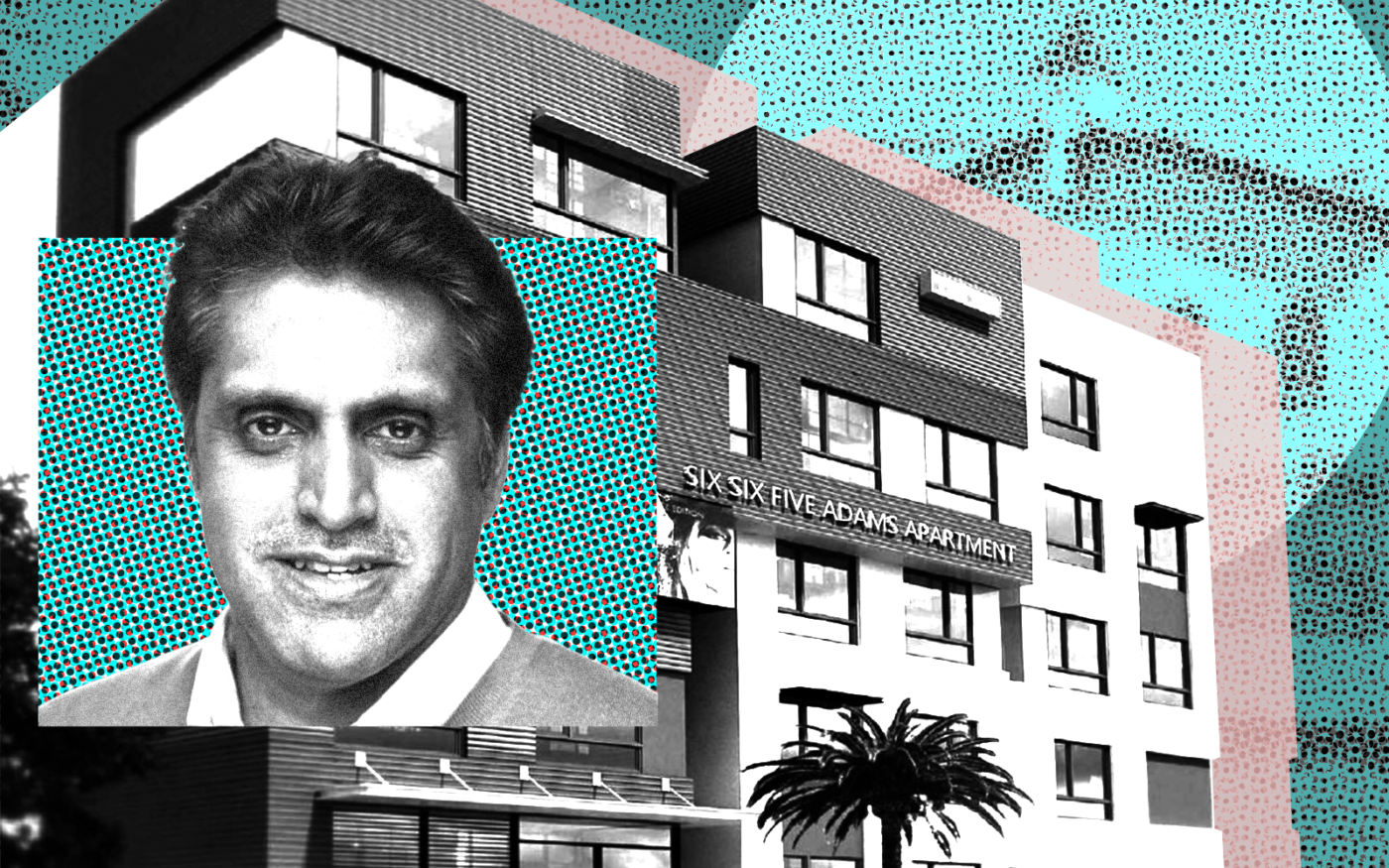 <p>A photo illustration of Goldfin Ventures managing director Vinu Krishnamurthy along with a rendering (front) and the current site (back) at 665 East Adams Boulevard in Los Angeles (Getty, Goldfin Ventures, Metropolis Architecture, LinkedIn, Google Maps)</p>
