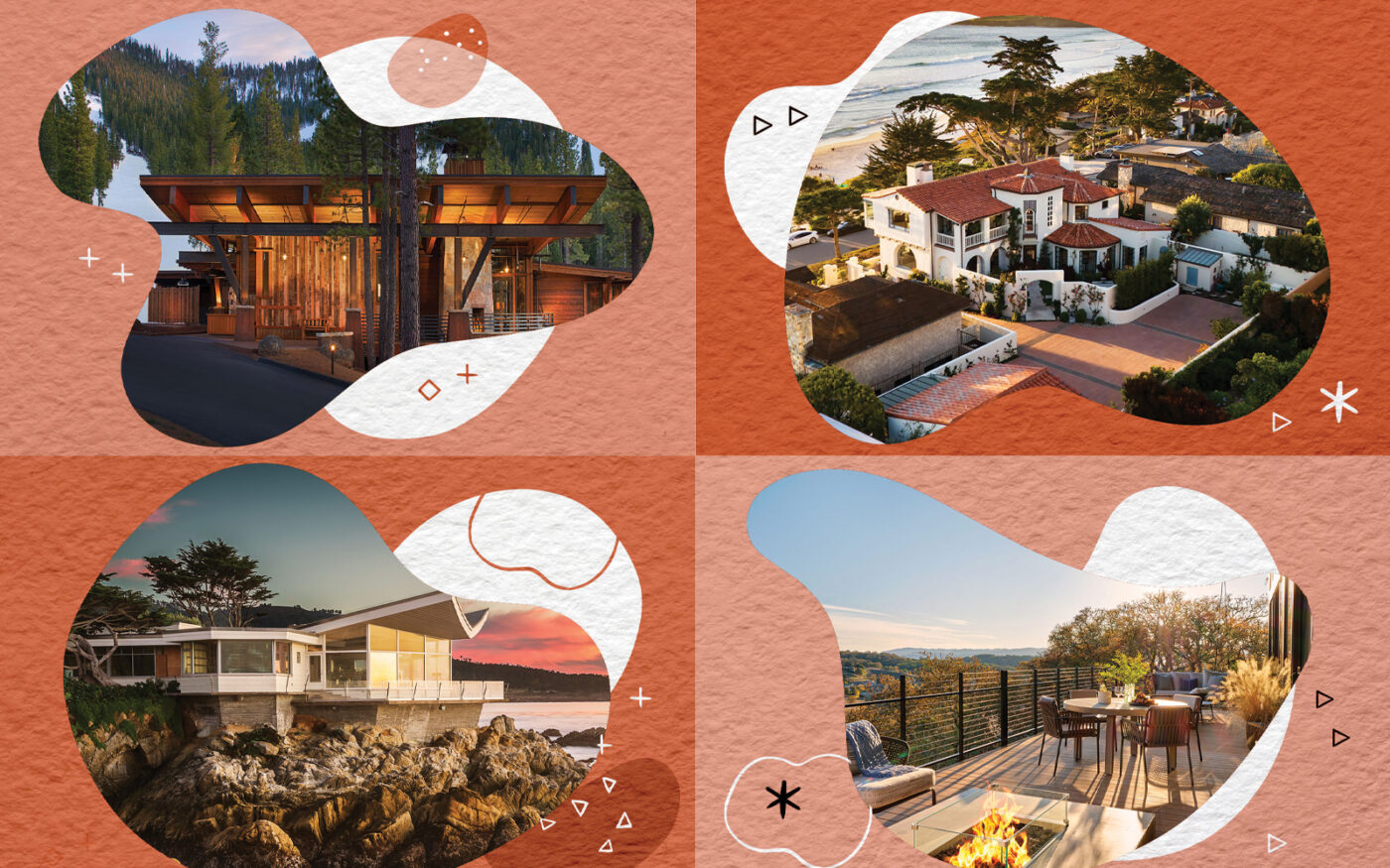 Clockwise from top right: Luxury beachfront living on aptly-named Scenic Road in Carmel, the vineyard view from a Harvest Home in Montage Residences Healdsburg, famed “Butterfly House” over Carmel Bay that sold for $29M last year and Martis Camp Ski Lodge in Lake Tahoe (Photo-illustration by Priya Modi/The Real Deal; Sherman Chu, Montage Residences Healdsburg, Martis Camp, Getty Images)