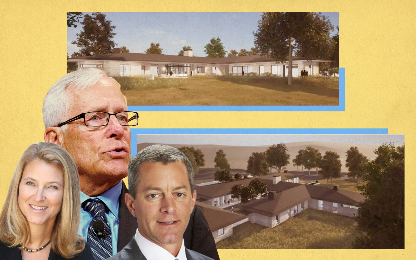 Walton Family Foundation's Carrie Walton Penner; Walmart's Rob Walton and Greg Penner; renderings of proposed Denver home (BusinessDen, Getty, businesswire, waltonfamilyfoundation)