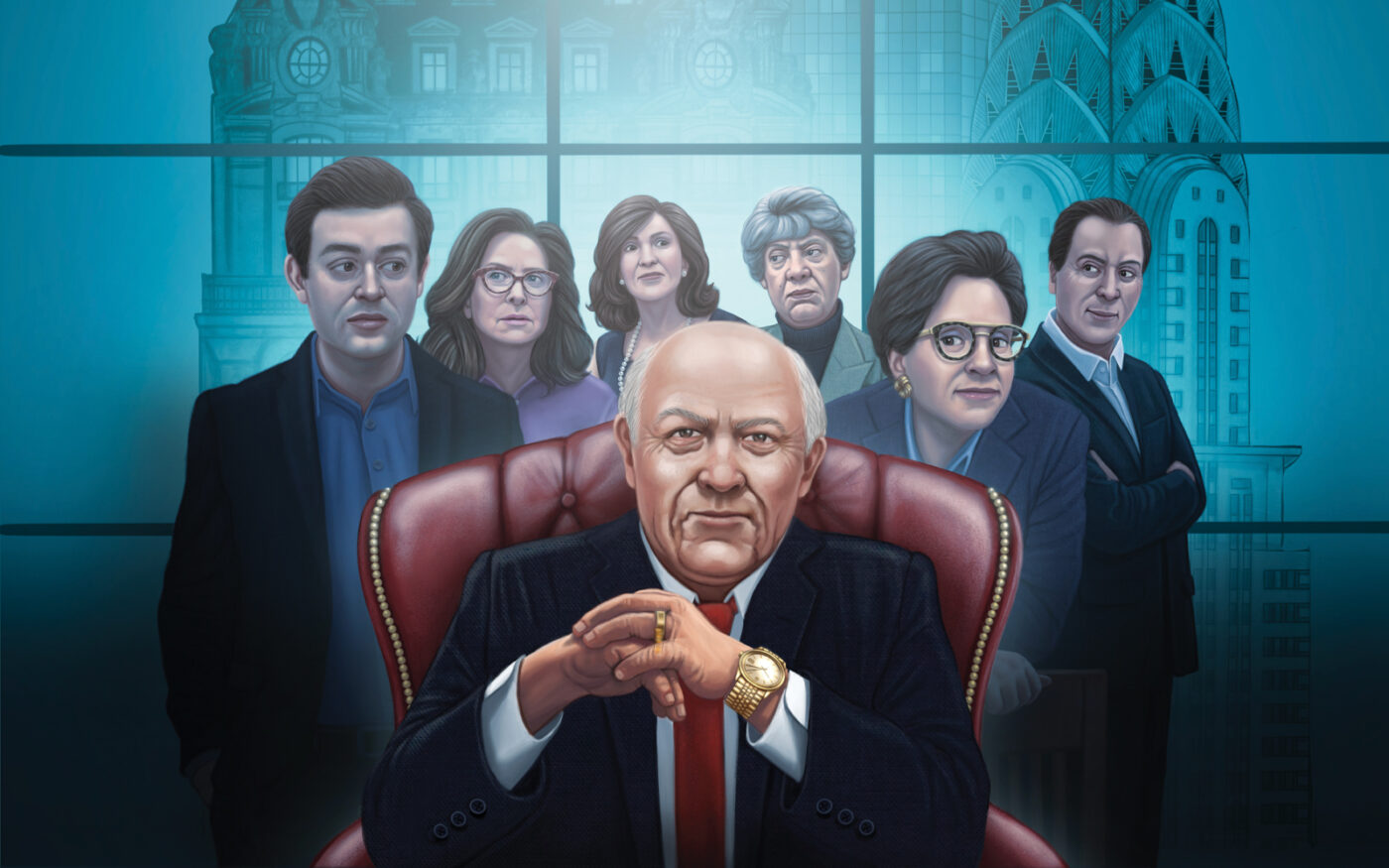 Sol Goldman (center) with (from left): Steven Gurney Goldman, Amy Goldman Fowler, Lillian Goldman, Louisa Little, Jane Goldman, and Allan Goldman (Illustration by Laura Salafia)