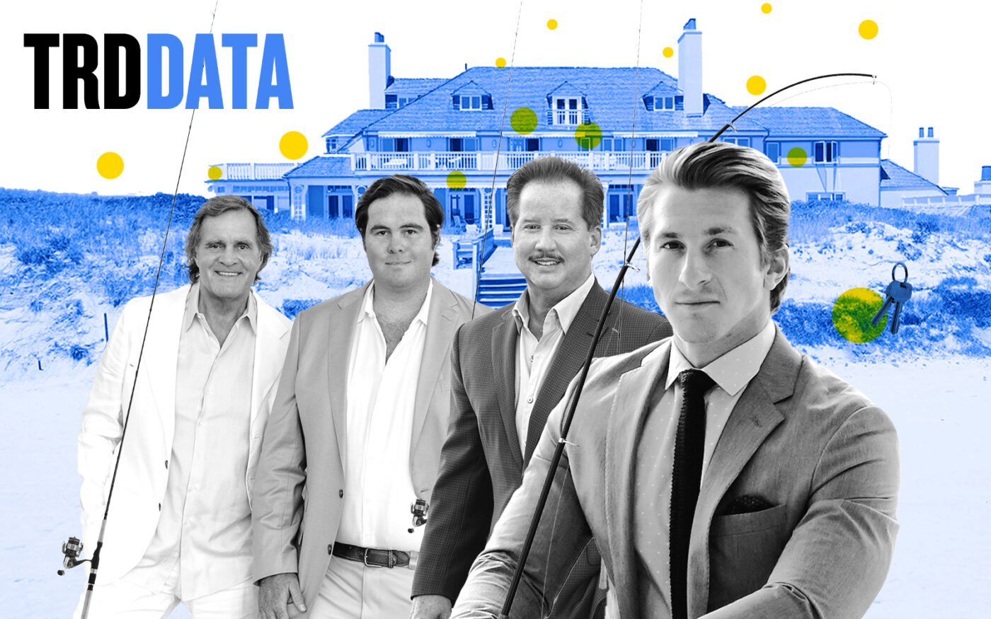 Sotheby's Harald and Bruce Grant, Corcoran's Tim Davis and Bespoke Real Estate's Cody Vichinsky with 700 Meadow Lane (Photo-illustration by Kevin Rebong/The Real Deal; Sotheby's, Tim Davis Hamptons, Bespoke Real Estate, Getty Images)