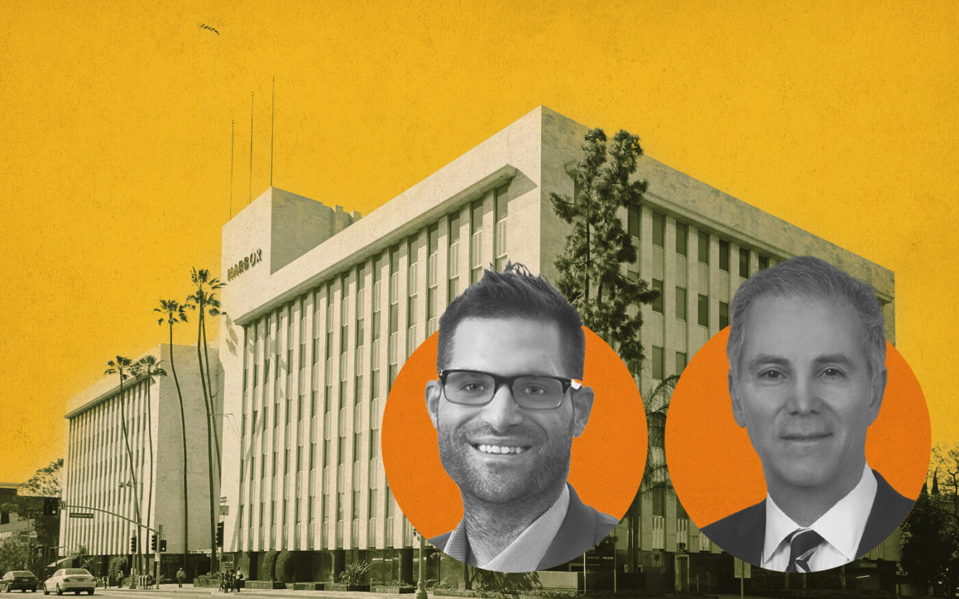 The Harbor Building at 4201 Wilshire Boulevard; JLL’s Greg Astor and Kidder Mathews’ Richard Abdulian (JLL, Getty, kidder, Jamison)