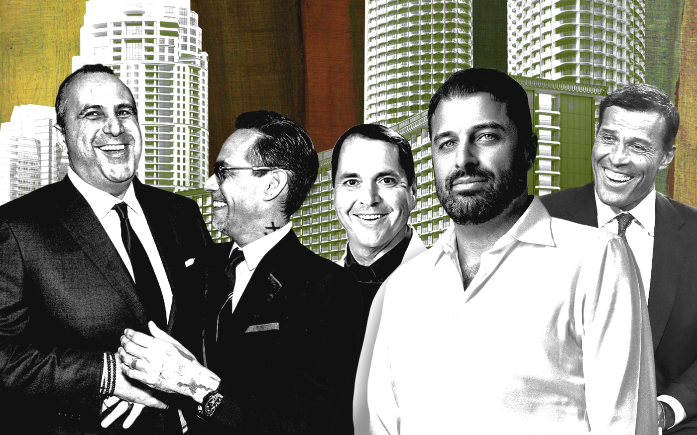 <p>From left: Sam Nazarian, Marc Anthony, Dr. William Kapp, David Reuben Jr. and Tony Robbins along with a rendering of Century Plaza (Getty, Century Plaza, The Estate, Fountain Life PR)</p>
