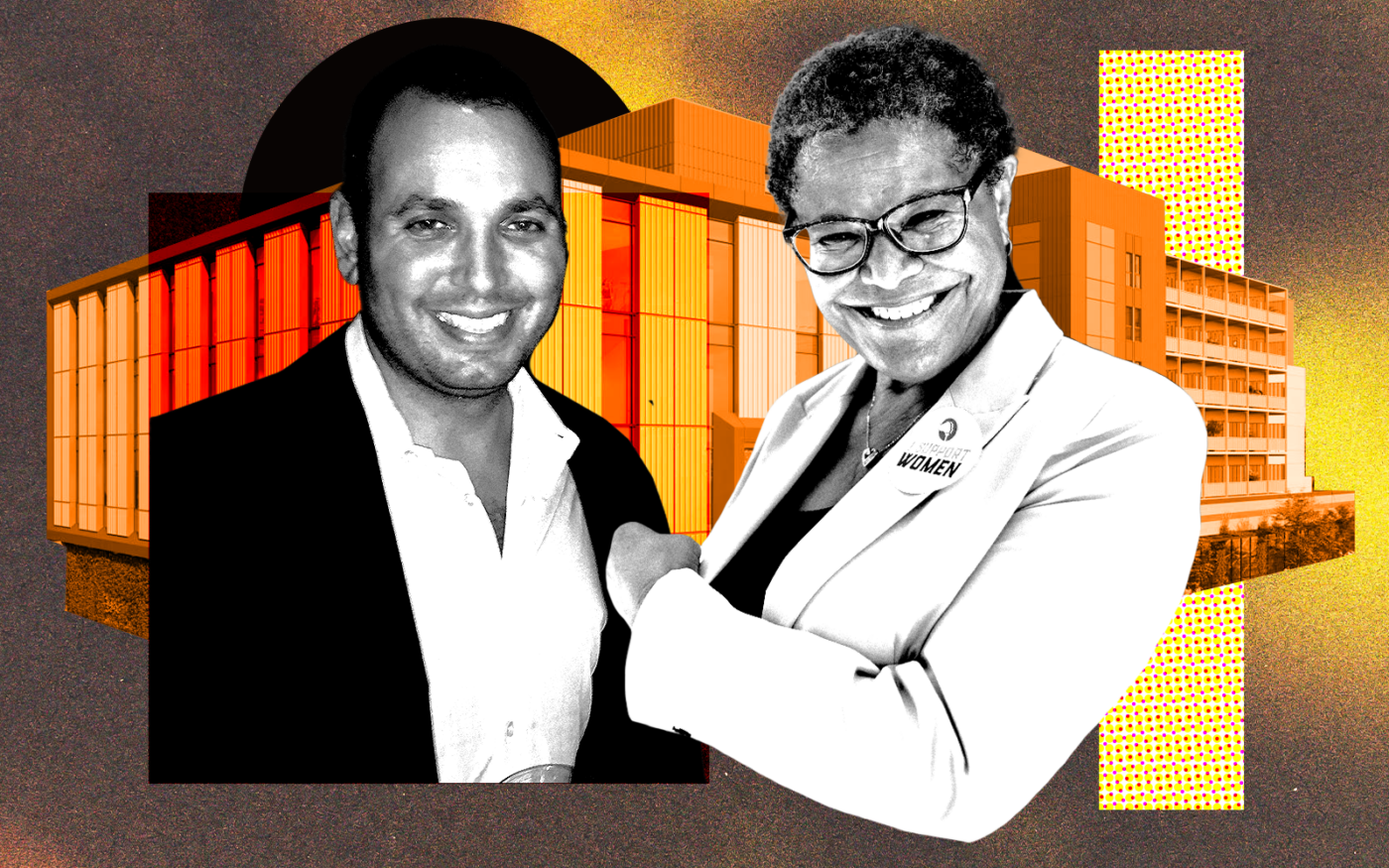 <p>From left: Thrive Living founder Ben Shaoul and Mayor Karen Bass along with 5035 Coliseum Street (Getty, Thrive Living)</p>
