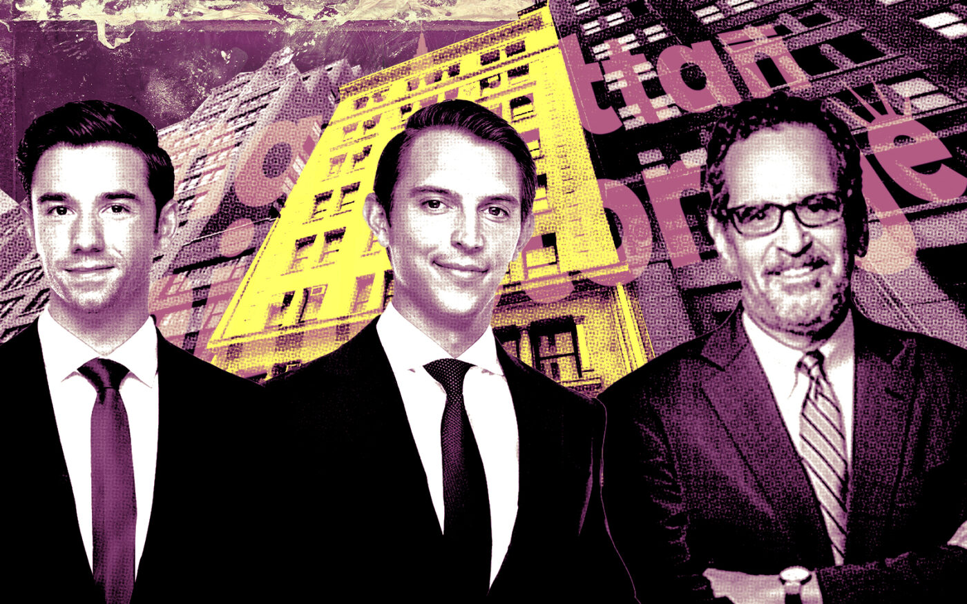 A photo illustration of Colliers brokers Zach Redding and Dylan Kane, Flatiron Equities' Fred Leffel and 152 West 36th Street (Getty, B6, Flatiron Equities, Google Maps)