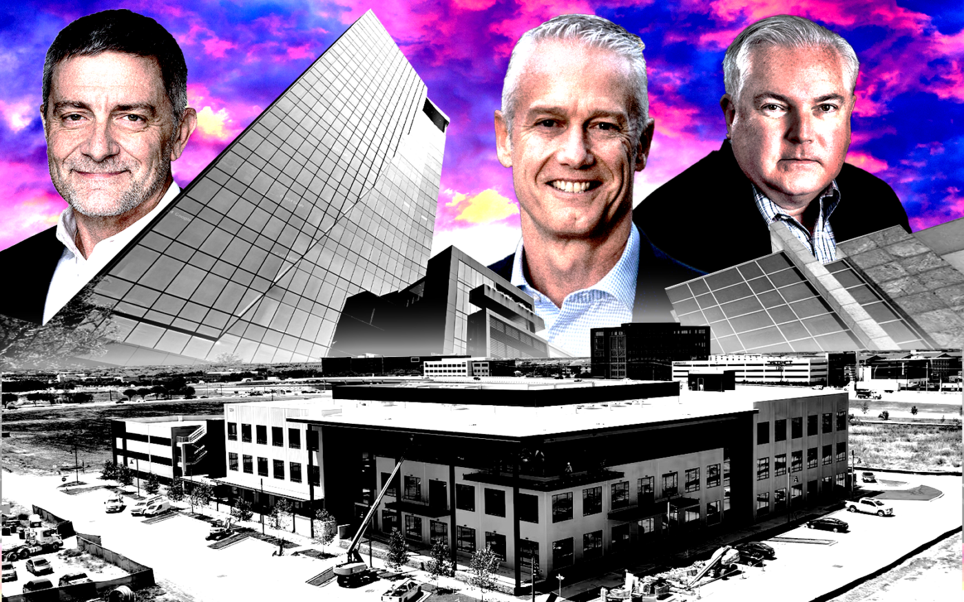 <p>From left: JaRyCo Development’s Bruce Heller, Granite Properties&#8217; Paul Bennett and Fibergate Structures&#8217; Eric Breiner along with FarmWorks One (front) and the Granite Park 6 office building at 5525 Granite Parkway (back) (Getty, JaRyCo Development, Granite Properties, Fibergate Structures, Google Maps)</p>
