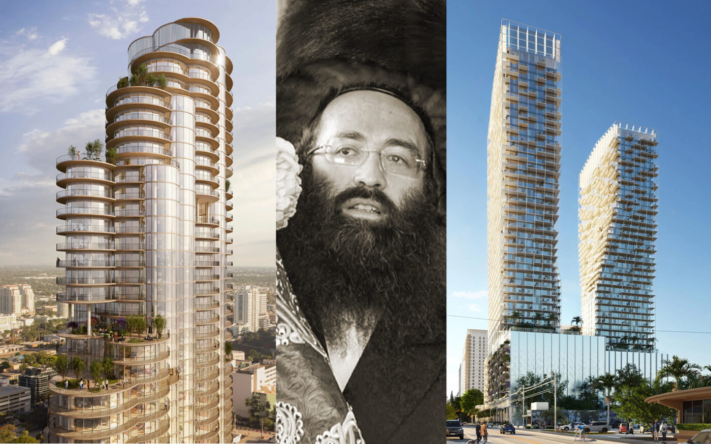 Simon Dushinsky and renderings of The Ombelle at 300 Northeast Third Avenue (left), and 633 Southeast Third Avenue in Fort Lauderdale (Renderings courtesy of VERO)