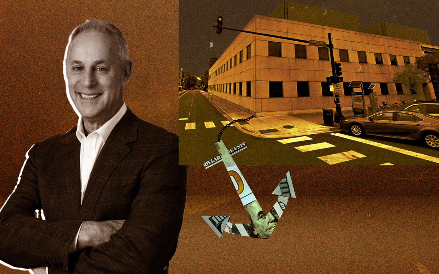 A photo illustration of Farpoint Development’s Scott Goodman along with 120 North Racine Avenue (Getty, Google Maps, Farpoint Development)