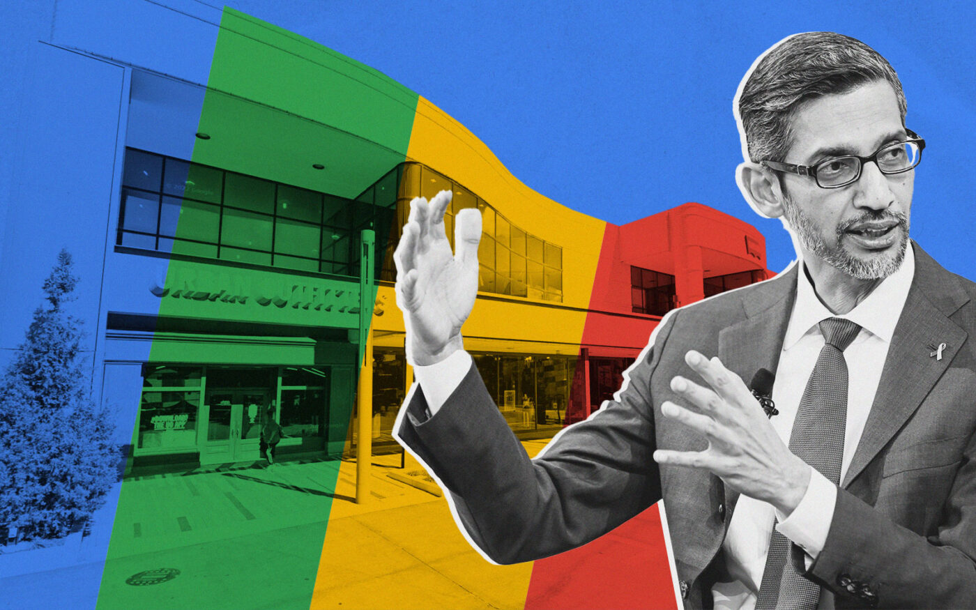 Google’s Sundar Pichai with the Oakbrook Center (Getty, Google Maps)