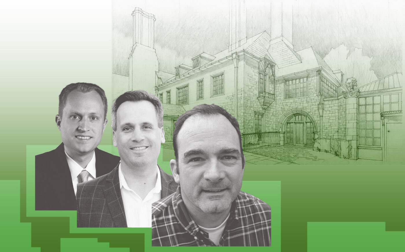 From left: Evanston City Manager Luke Stowe, Celedon Partners’ Scott Henry and Aron Weisner and a sketch of 2603 Sheridan Road (Evanston, Celedon Partners, Celadon Construction)