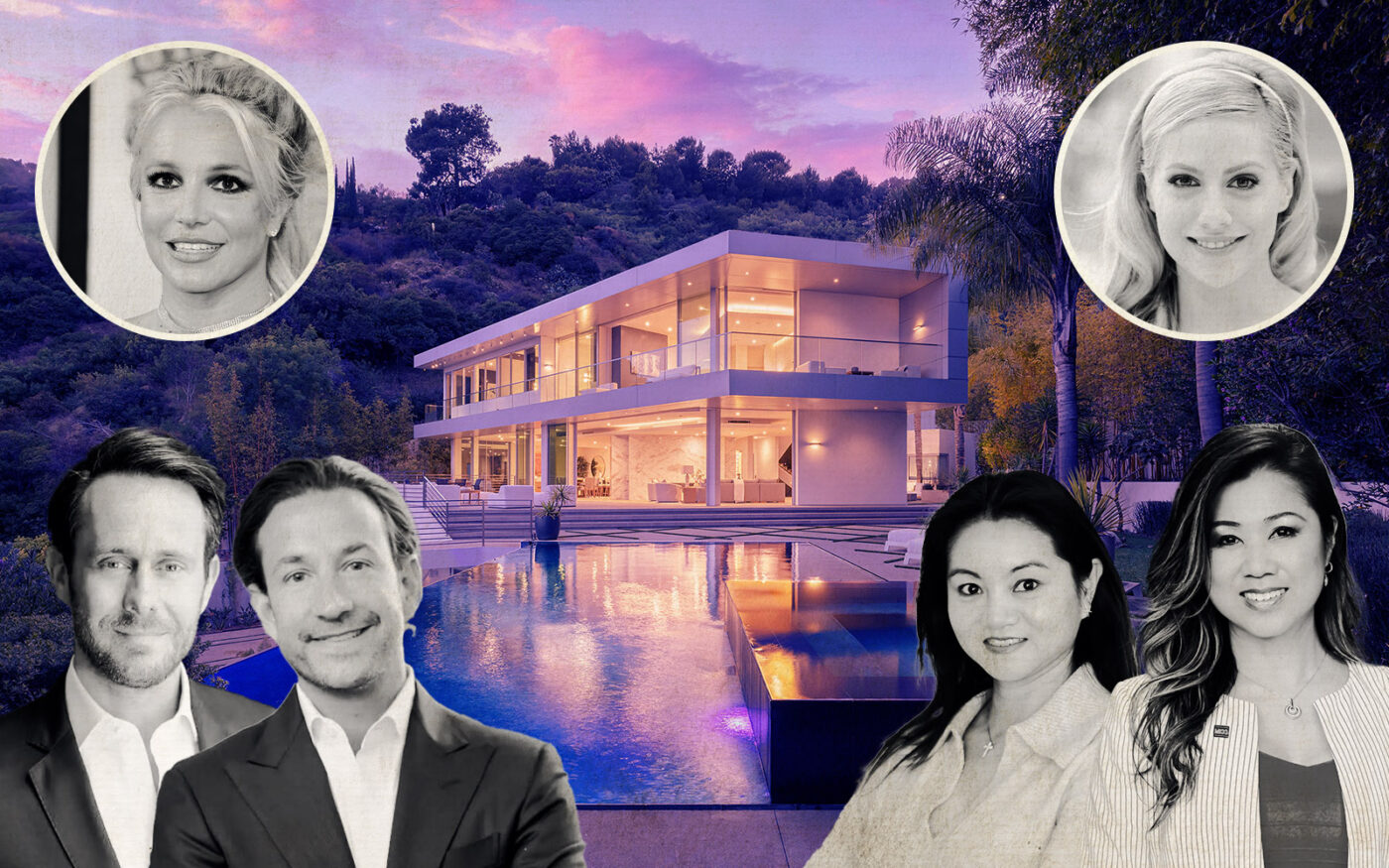 (top) Britney Spears, Brittany Murphy; (left) Carolwood Estates' David Parnes, James Harris; (right) Haylen Group's Helen Chong, Susanna Leung; (middle) 1895 Rising Glen Road (Getty, Carolwood Estates, Haylen Group)