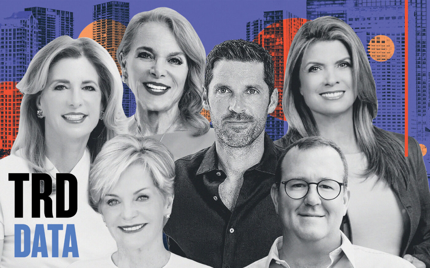 Top from left: The Jills Zeder Group’s Jill Hertzberg and Jill Eber, The Chad Carroll Group’s Chad Carroll, Luxe Living Realty’s Dora Puig; Bottom from left: The Jills Zeder Group’s Judy Zeder and Riley Smith Group’s Riley Smith (Photo-illustration by Ilya Hourie/The Real Deal; The Jills Zeder Group, The Chad Carroll Group, Luxe Living Realty, Riley Smith Group, Getty Images)