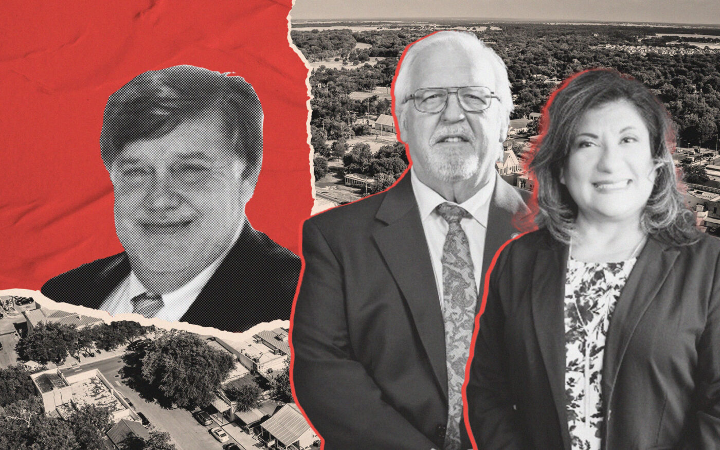 Moca Financial’s John Burns, Mayor Lyle Nelson and City Manager Sylvia Carrillo with aerial of Bastrop (LinkedIn, City of Bastrop, Getty)