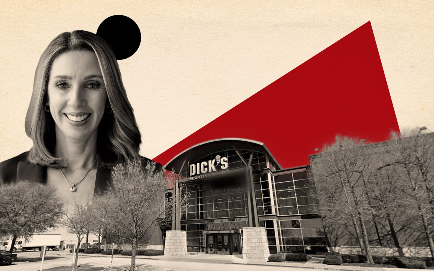 Dick’s Sporting Goods’ Lauren Hobart; The Parks Mall in Arlington (Getty, Google Maps, Dick’s Sporting Goods)