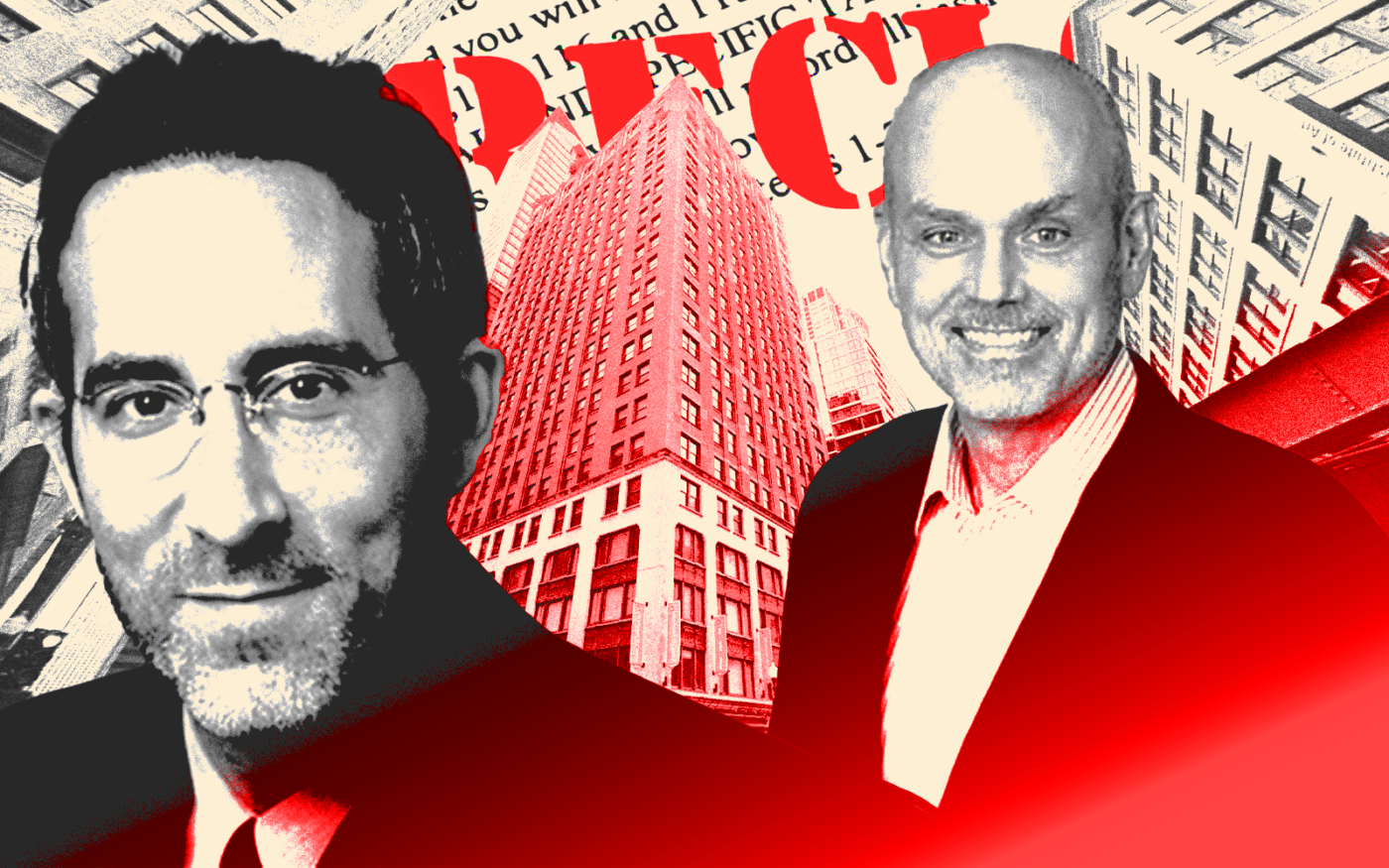 <p>A photo illustration of borrower Jonathan Holtzman and Prime Finance co-founder Jon Brayshaw along with the MDA Apartments at 63 East Lake Street (Getty, Prime Finance, City Club Apartments, Google Maps)</p>
