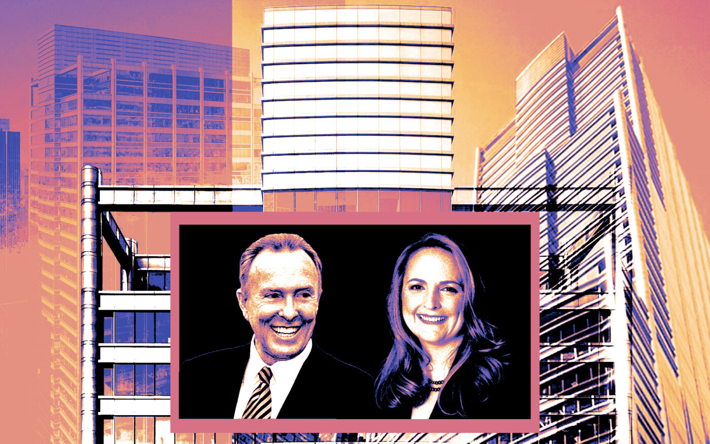 <p>A photo illustration of Irvine Company’s Donald Bren (left) and PwC’s Laura Thonn (right) along with 1 North Wacker Drive (Getty, Irvine Company, LinkedIn/Laura Thonn, LoopNet)</p>
