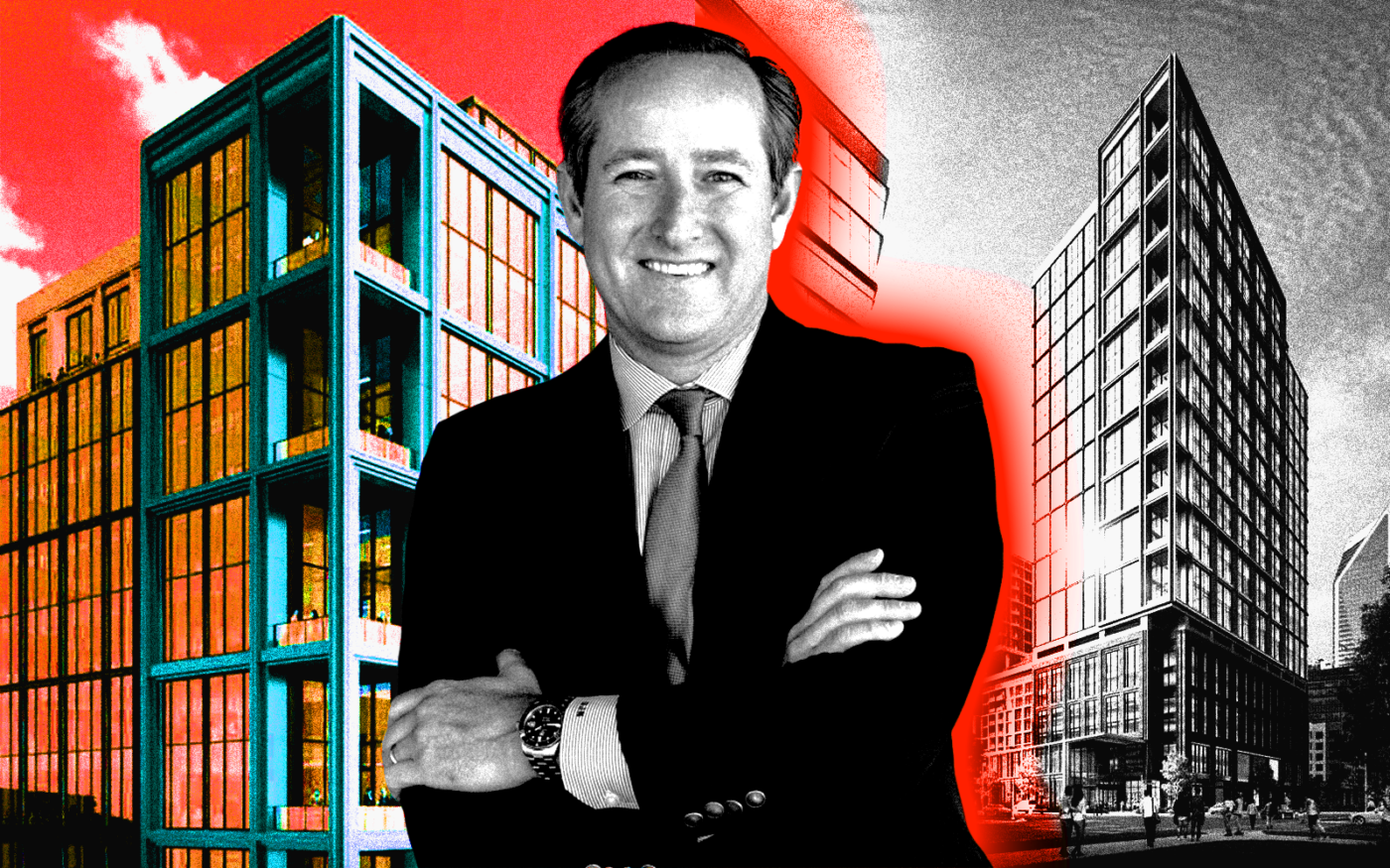 <p>A photo illustration of Crescent Communities’ Brian Natwick along with renderings of Carson &#038; Tryon, a 31-story development at 1102 South Tryon Street in Charlotte’s South End (Getty, Carson &#038; Tryon, Crescent Communities)</p>
