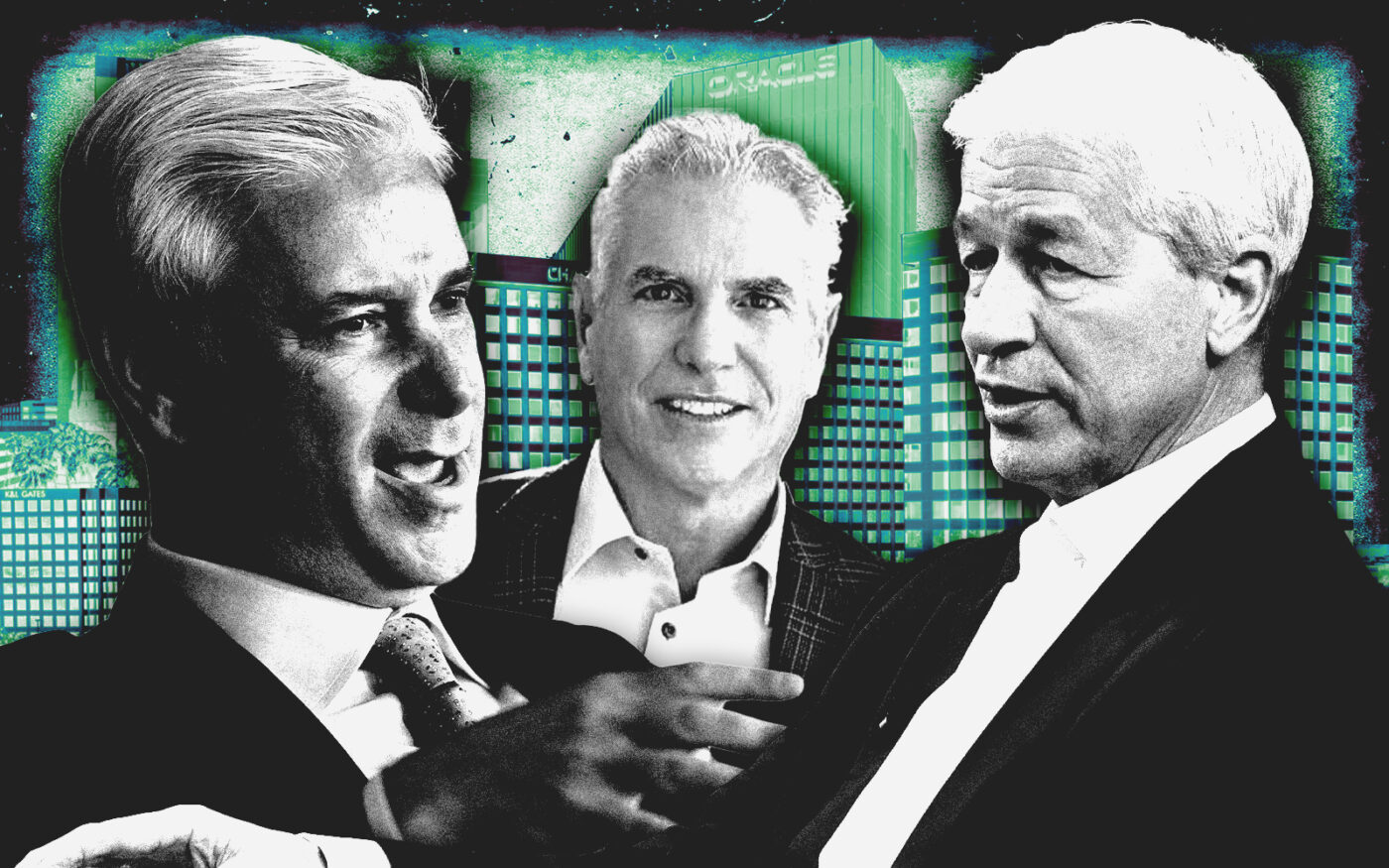 <p>From left: Wells Fargo CEO Charles Scharf, Pacific Premier Bancorp CEO Steven Gardner and JPMorgan CEO Jamie Dimon along with 17901 Von Karman (left) 3 and 5 Park Plaza (middle) and 2030 Main Street (right) in Irvine (Getty, LoopNet, The Irvine Company, Google Maps)</p>
