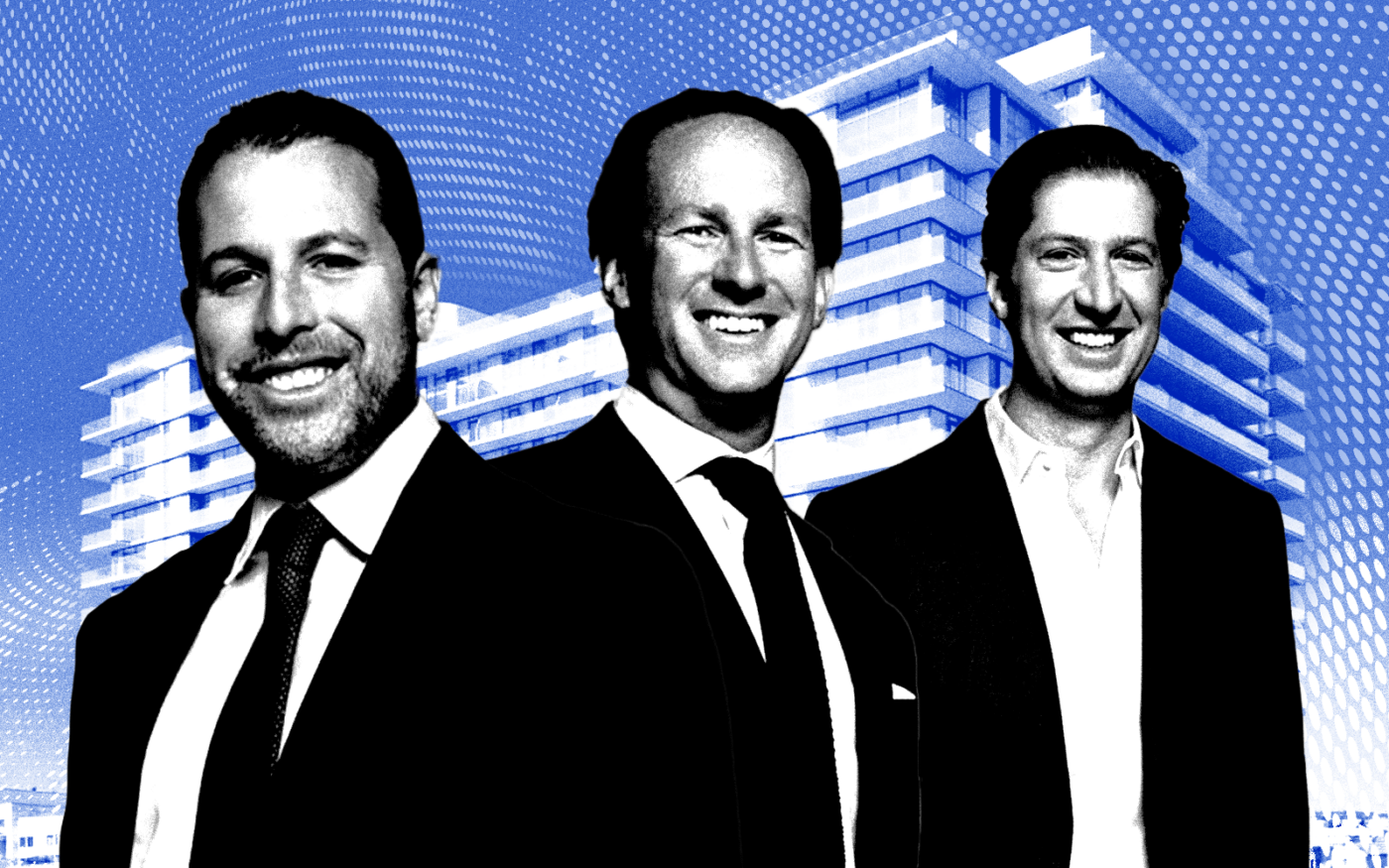 <p>From left: Madison Realty Capital managing principals Josh Zegen, Brian Shatz and Adam Tantleff along with 1435 5th Street in Santa Monica (Getty, Madison Realty Capital, Ottinger Architects)</p>
