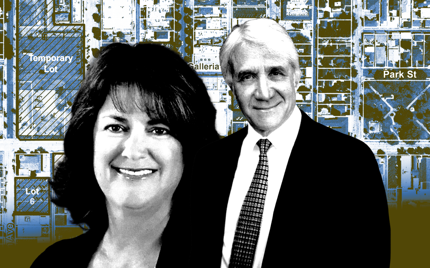 <p>From left: Jamboree Housing CEO Laura Archuleta and Thomas Safran &#038; Associates&#8217; Thomas Safran along with a map of the lots at the former Alpha Beta supermarket at 12813 Bailey Street in Whittier (Getty, Jamboree Housing, Thomas Safran &#038; Associates, City of Whittier)</p>
